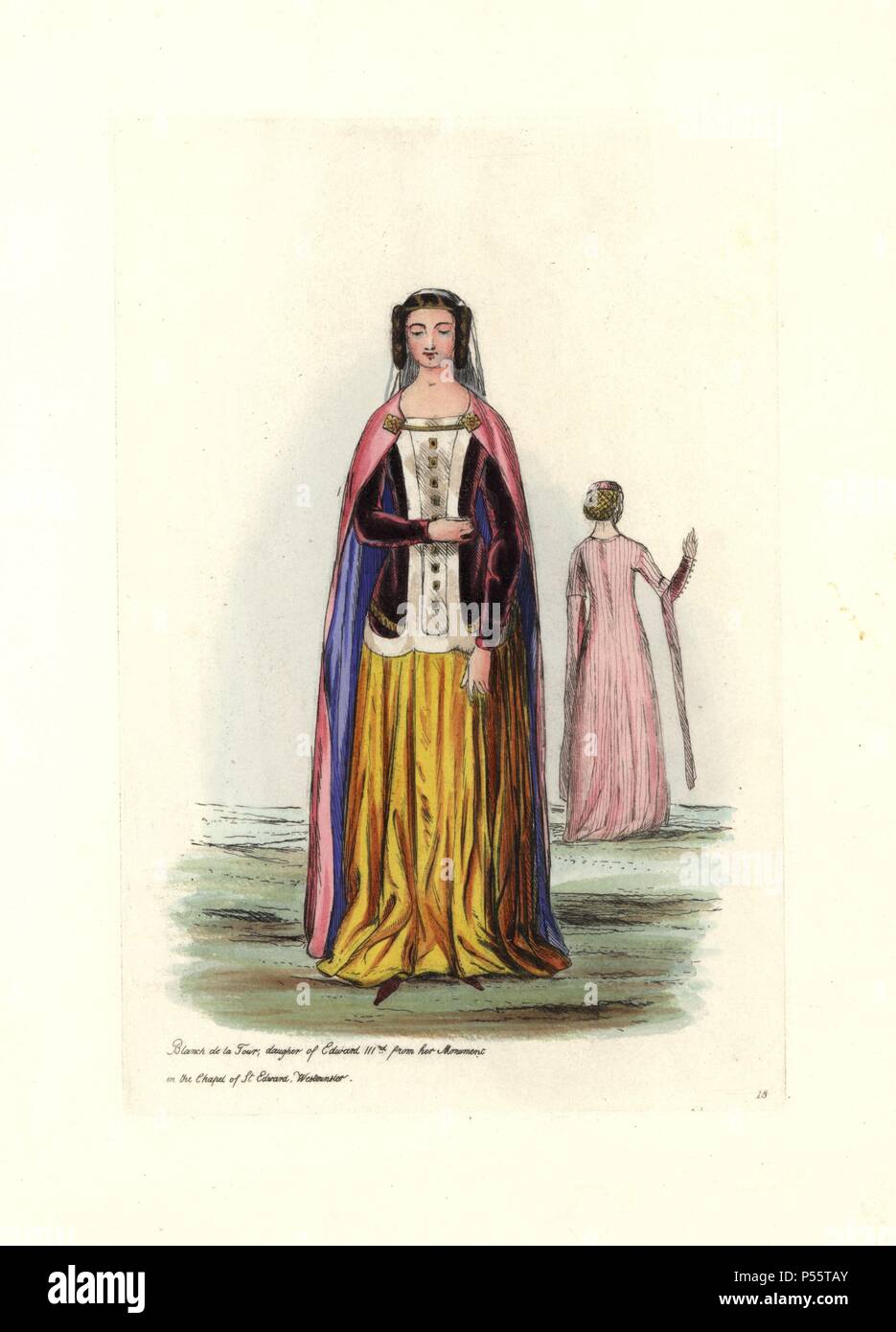Blanch de la Tour, daughter of Edward III, from her monument in the Chapel of St. Edward, Westminster. Background figure from manuscript of the time. Handcolored engraving from "Civil Costume of England from the Conquest to the Present Period" drawn by Charles Martin and etched by Leopold Martin, London, Henry Bohn, 1842. The costumes were drawn from tapestries, monumental effigies, illuminated manuscripts and portraits. Charles and Leopold Martin were the sons of the romantic artist and mezzotint engraver John Martin (1789-1854). Stock Photo