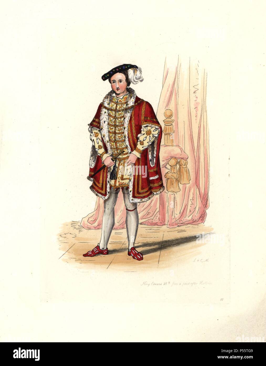 King Edward VI (1537-1553), from Hans Holbein's picture at Christ's Hospital He wears an extravagantly embroidered and slashed tunic and mantle over white stockings and slashed shoes. Handcolored engraving from 'Civil Costume of England from the Conquest to the Present Period' drawn by Charles Martin and etched by Leopold Martin, London, Henry Bohn, 1842. The costumes were drawn from tapestries, monumental effigies, illuminated manuscripts and portraits. Charles and Leopold Martin were the sons of the romantic artist and mezzotint engraver John Martin (1789-1854). Stock Photo