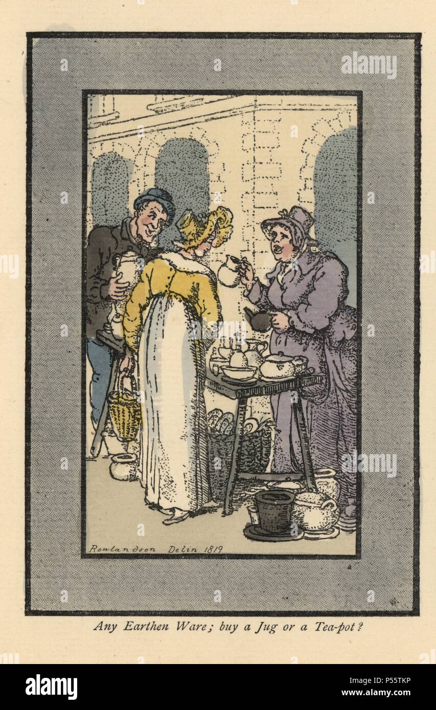 Woman selling jugs, tea-pots and bowls on a street corner. A fashionable woman looks on. Handcoloured woodblock print after an original painting by Thomas Rowlandson (1756-1827) from Andrew Tuer's 'London Cries: with Six Charming Children and about forty other illustrations,' published by Field & Tuer, London, 1883. Stock Photo