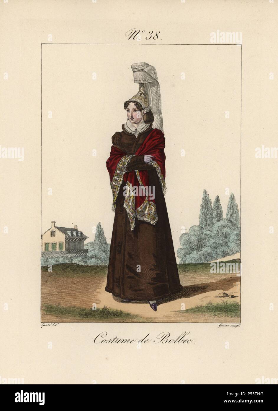 Costume of Bolbec. The women of Bolbec only wear this costume to baptisms, weddings, family reunions or festivals at church. The rest of the time they wear the fashions of Paris. Hand-colored fashion plate illustration by Lante engraved by Gatine from Louis-Marie Lante's "Costumes des femmes du Pays de Caux," 1827/1885. With their tall Alsation lace hats, the women of Caux and Normandy were famous for the elegance and style. Stock Photo