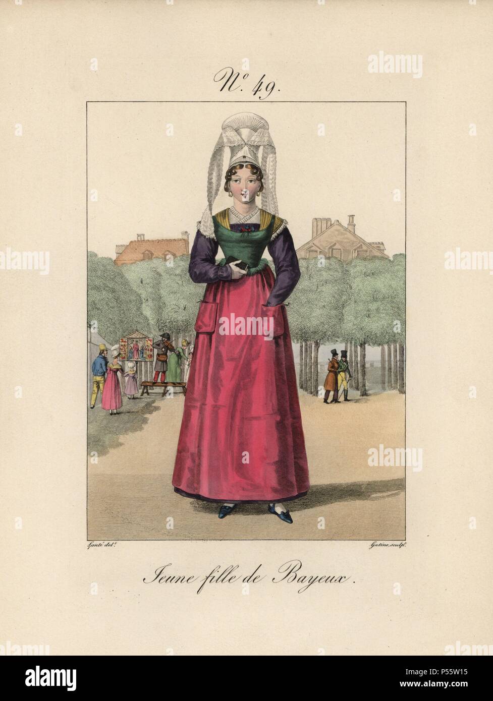 Young woman of Bayeux. Many things here to note: the wide parting in the hair, the angles of the tails, the green bib over the pink apron. The background shows the main promenade in town, with a family watching a violinist. Hand-colored fashion plate illustration by Benoit Pecheux engraved by Gatine from Louis-Marie Lante's 'Costumes des femmes du Pays de Caux,' 1827/1885. With their tall Alsation lace hats, the women of Caux and Normandy were famous for the elegance and style. Stock Photo