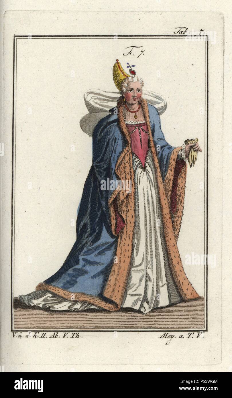 Wife of a Doge of Venice, 1581. Fur-lined cloak with large hood, bodice decorated with pearls, necklace and gloves. Handcolored copperplate engraving from Robert von Spalart's 'Historical Picture of the Costumes of the Principal People of Antiquity and of the Middle Ages,' Vienna, 1811. Illustration based on Thomas Jefferys Collection of Dresses of Different Nations, Antient and Modern. After the Designs of Holbein, Van Dyke, Hollar, and others, London, 1757. Stock Photo