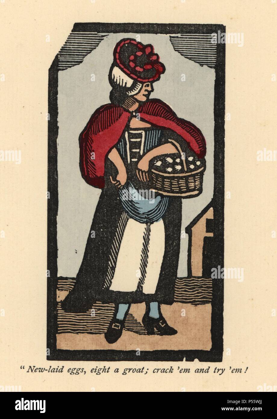 Itinerant egg seller with basket of eggs. Handcoloured woodblock print from Andrew Tuer's 'London Cries: with Six Charming Children and about forty other illustrations,' published by Field & Tuer, London, 1883. Stock Photo