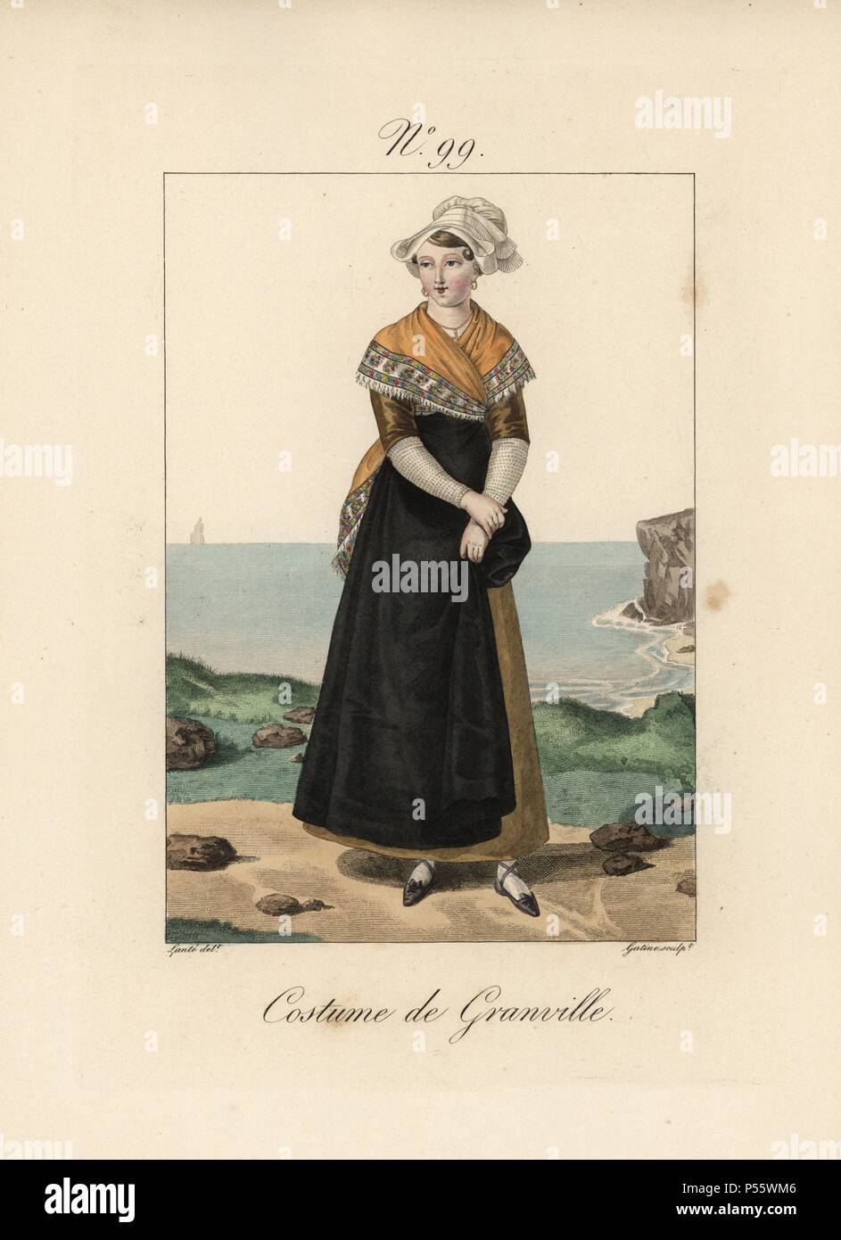 Costume of Granville. The women of Granville dress in very fine fabrics,  but never wear lace in their bonnets. This woman's bonnet tails are in  folded chiffon. Her hair at the front