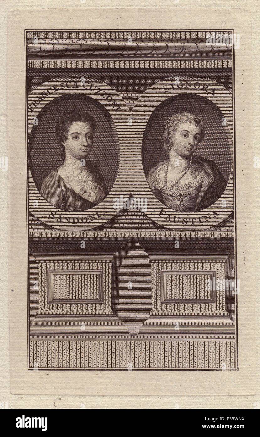 Francesca Cuzzoni Sandoni (1696-1778), Italian soprano, and Signora Faustina Bordoni (1770-1781), Italian opera singer. When they appeared together in London in 1727, a near riot occurred between their rival fans.. Stipple engraved portrait showing the two singers in oval windows. Stock Photo