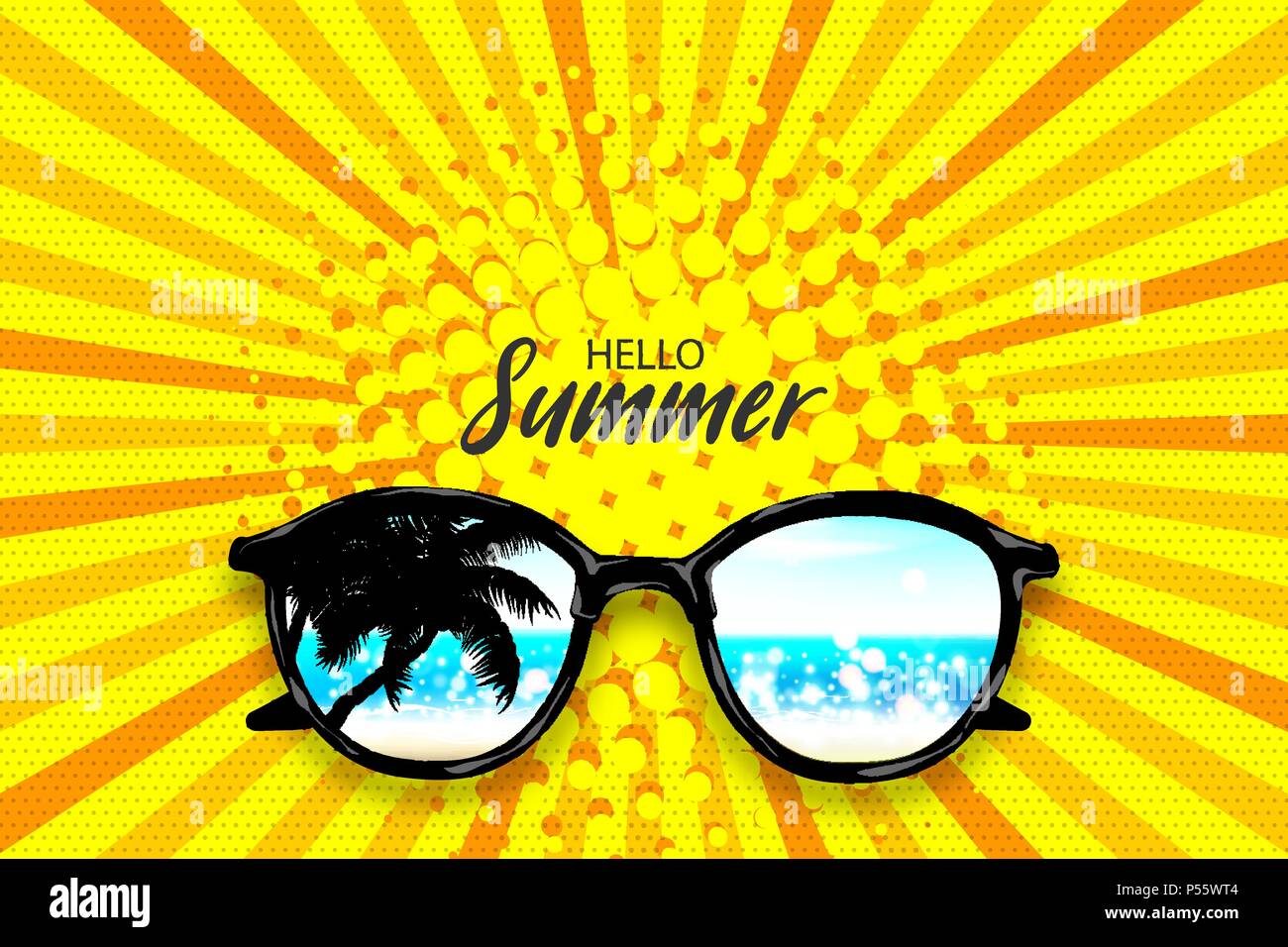 Hello summer time. Vector pop art poster realistic sunglasses. Vanilla ...