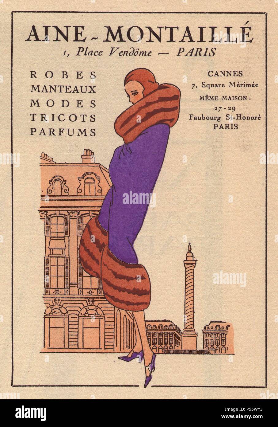 Advertisement from AGB 1930: for Paris fashion house Aine-Montaille showing a woman in a purple coat with luxurious fur trim.. Handcolored pochoir (stencil) lithograph from the French luxury fashion magazine 'Art, Gout, Beaute' 1930. Stock Photo