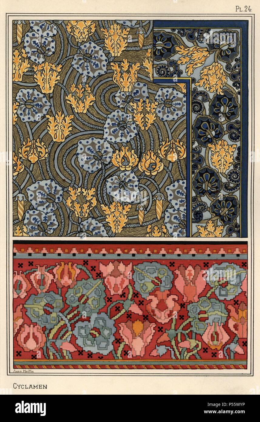 Cyclamen persicum plant as motif in designs for tapestry, fabric and wallpaper. Lithograph by Anna Martin with pochoir (stencil) handcoloring from Eugene Grasset's “Plants and their Application to Ornament,” Paris, 1897. Grasset (1841-1917) was a Swiss artist whose innovative designs inspired the “art nouveau” movement at the end of the 19th century. Stock Photo