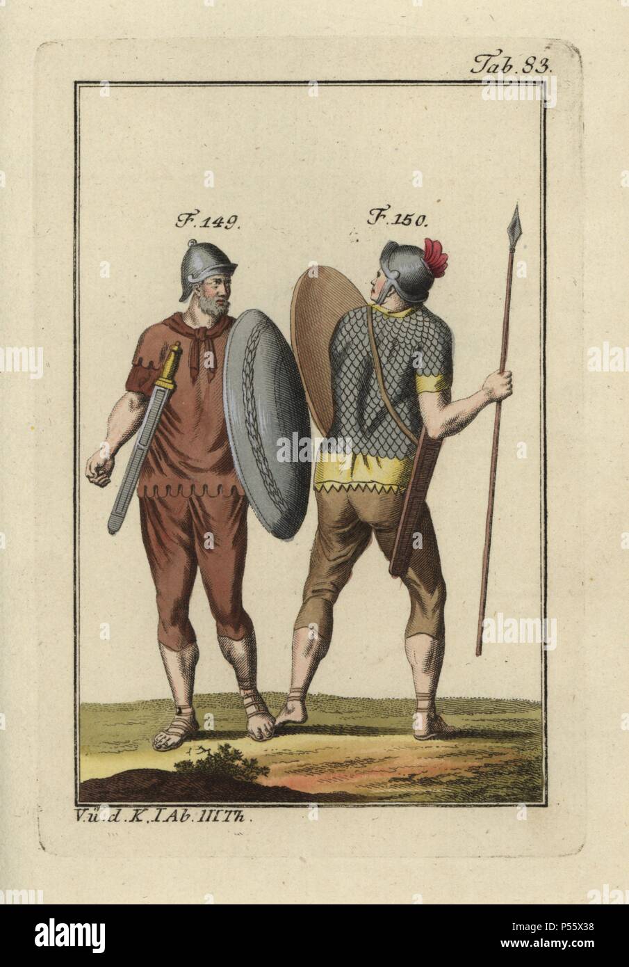 Roman soldiers with shields, swords, helmets. The one on the right wears a scale armour shirt (lorica squamata) and carries a javelin (verutum). Handcolored copperplate engraving from Robert von Spalart's 'Historical Picture of the Costumes of the Principal People of Antiquity and of the Middle Ages' (1798). Stock Photo