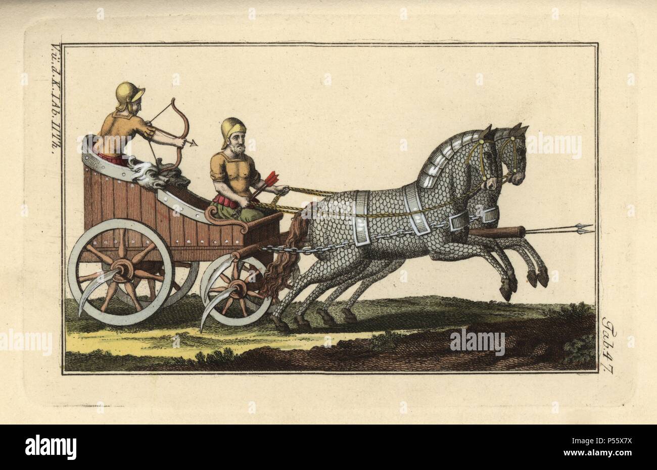 Syrian war chariot with sickles mounted on the axles, horses in full scale-armour, and archers in battledress. Handcolored copperplate engraving from Robert von Spalart's 'Historical Picture of the Costumes of the Principal People of Antiquity and of the Middle Ages' (1797). Stock Photo