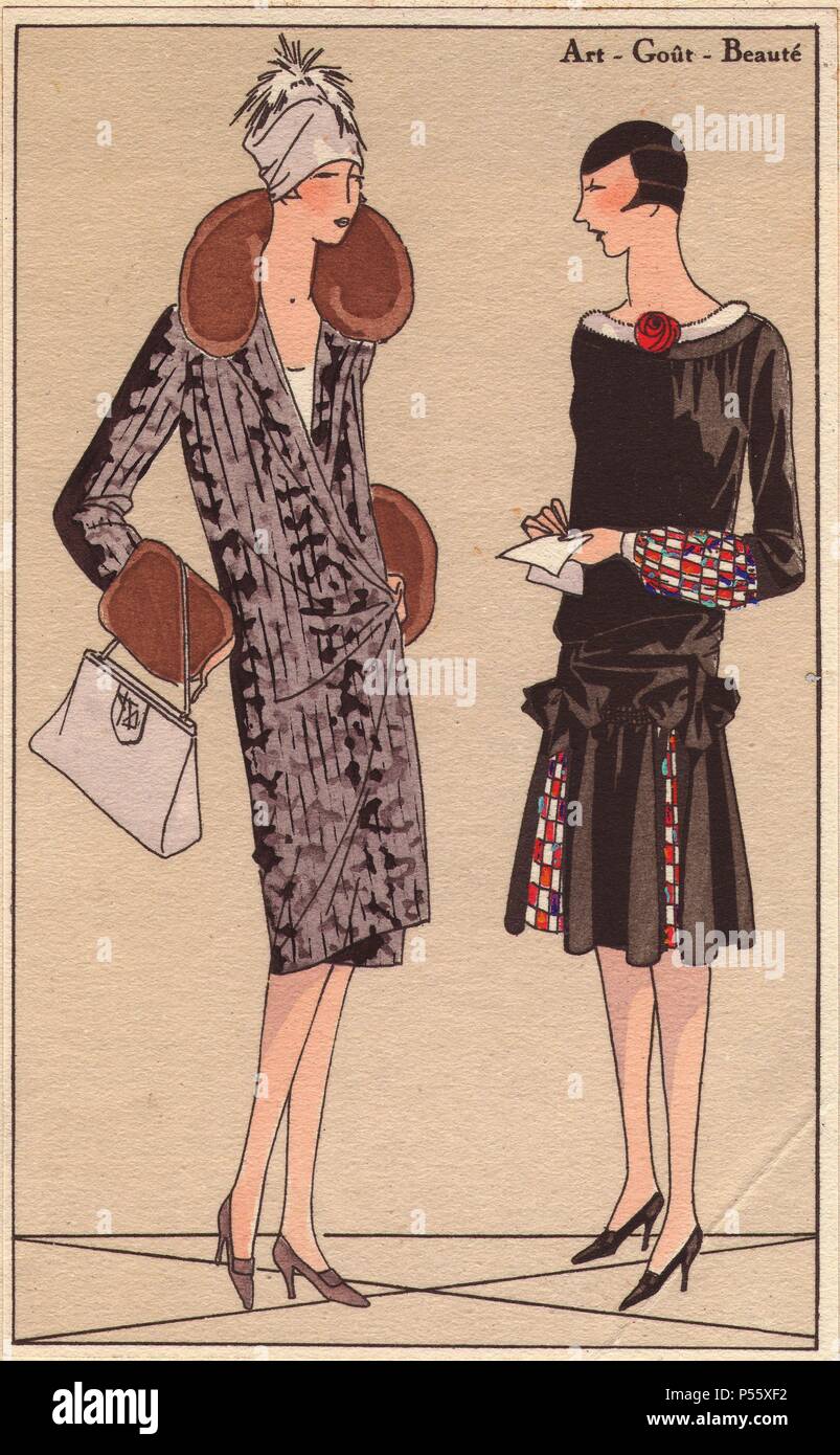 1920s women's fashions: Woman in afternoon coat trimmed with fur, and woman  in afternoon dress in black velvet with multicolored panels.. Handcolored  pochoir (stencil) lithographs from the French luxury fashion magazine "Art,