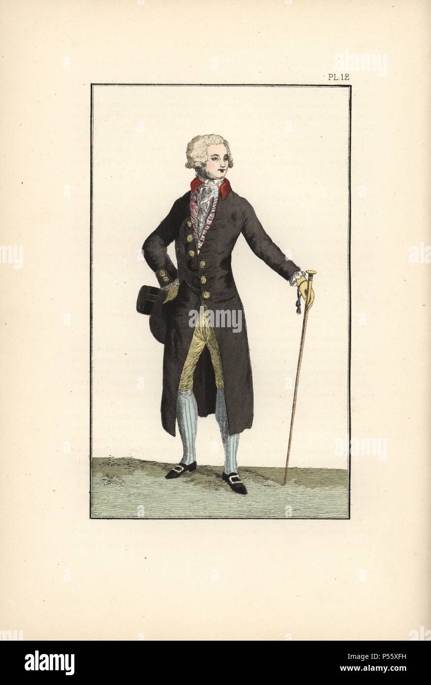 Man in wool redingote in the colour of London-chimney soot with sailor sleeves. Hand-colored lithograph from 'Fashions and Customs of Marie Antoinette and her Times,' by Le Comte de Reiset, Paris, 1885. The journal of Madame Eloffe, dressmaker and linen-merchant to the Queen and ladies of the court. Stock Photo