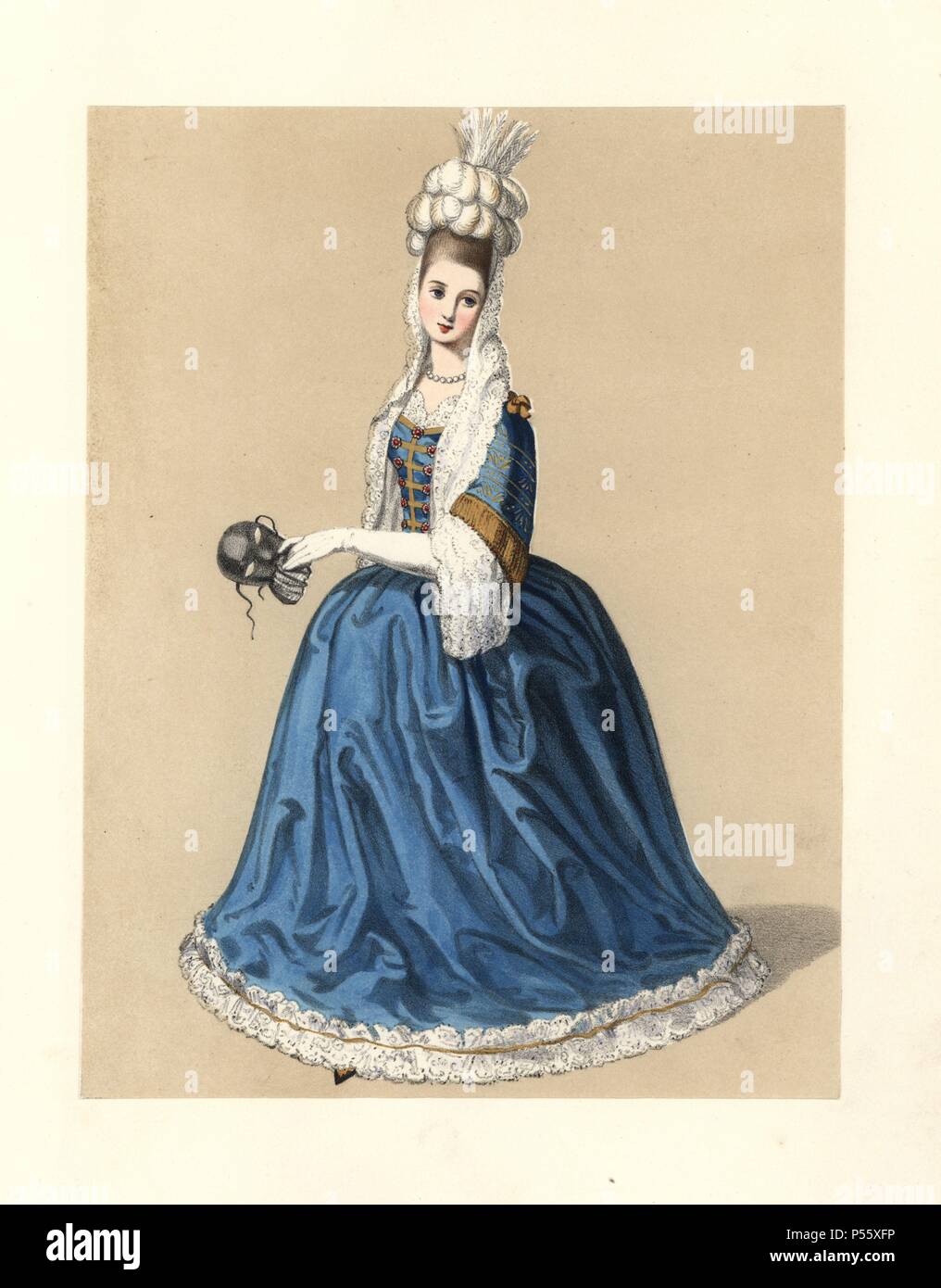 Dress of the reign of William III, early in the reign of Queen Anne 16891707. She wear a headdress of feathers and lace, a blue dress with lace trim, white gloves and Dress of the reign of William III, early in the reign of Queen Anne 16891707. She wear a headdress of feathers and lace, a blue dress with lace trim, white gloves and
