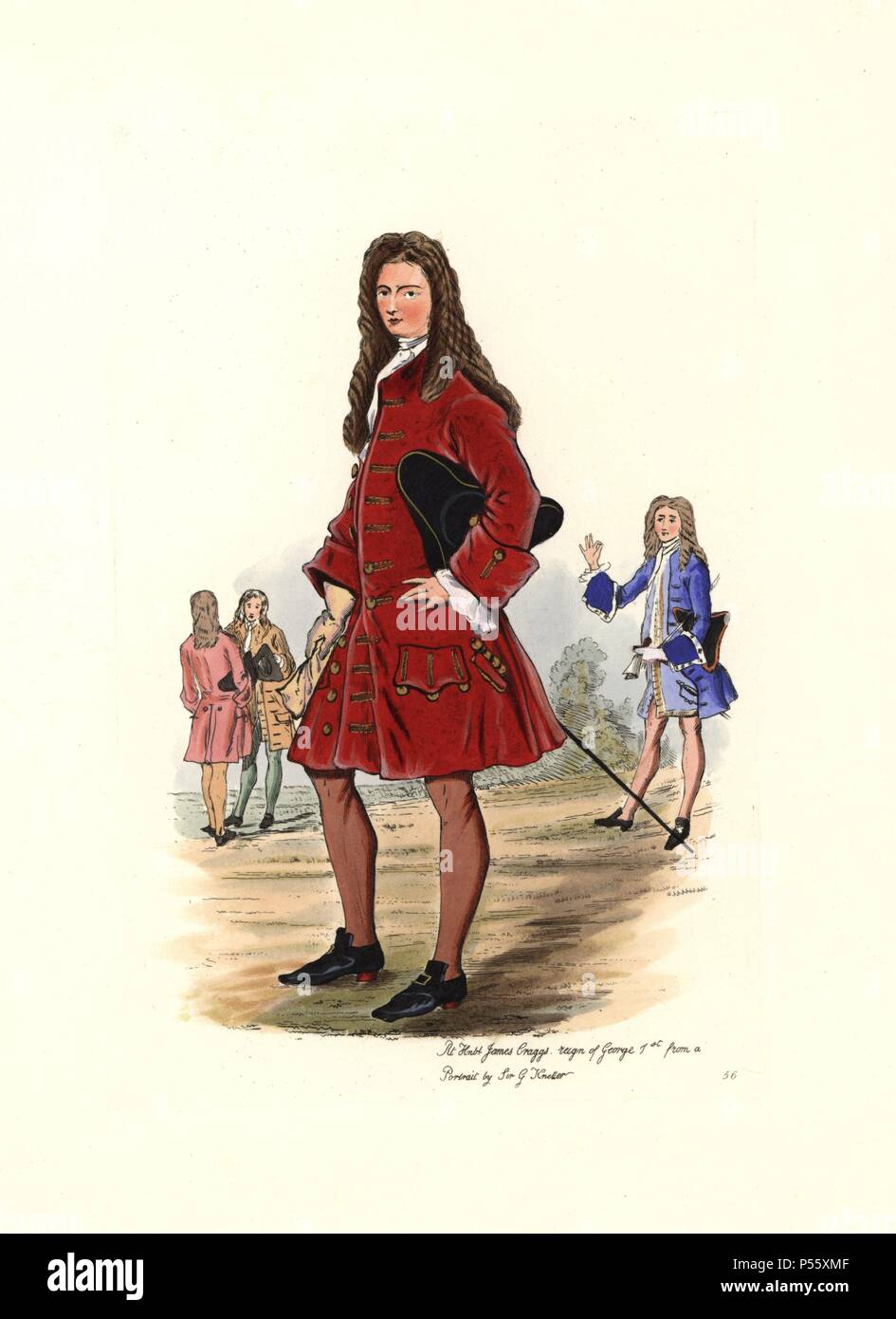 Male costume in the reign of George I. Portrait of Right Honorable James Craggs the younger (1686-1721) by Sir Godfrey Kneller. He wears a crimson jacket (dark green in Kneller's portrait), with lace cuffs, tricorn, buckled shoes and hose. The figure in the background is based on John Vanbrugh's portrait of actor Colley Cibber as Lord Foppington. Handcolored engraving from "Civil Costume of England from the Conquest to the Present Period" drawn by Charles Martin and etched by Leopold Martin, London, Henry Bohn, 1842. The costumes were drawn from tapestries, monumental effigies, illuminated man Stock Photo