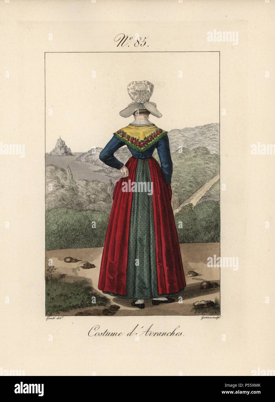 Costume of Avranches. Rear view of the bonnet in Plate 84, showing the  small hairpiece chignon. Mont Saint Michel can be seen in the background.  Hand-colored fashion plate illustration by Lante engraved