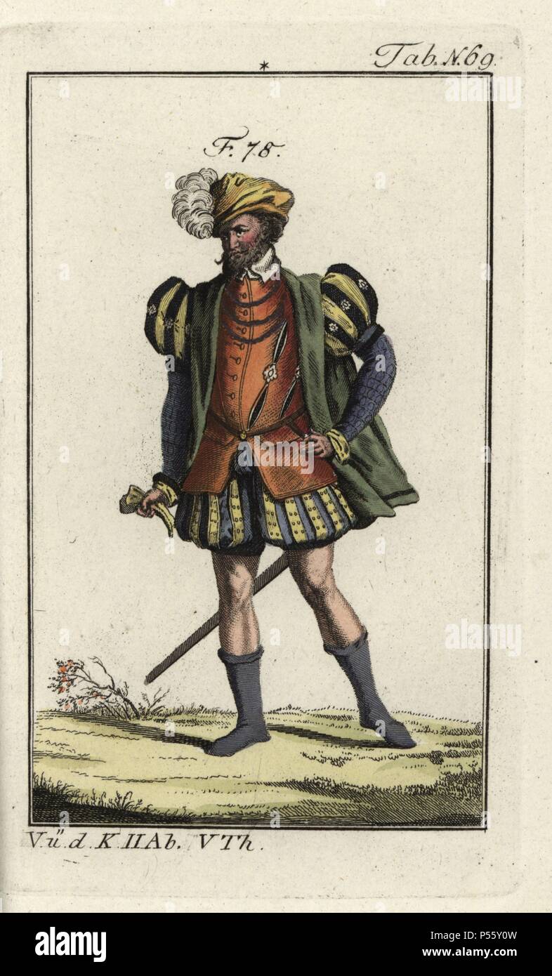 Nobleman of Rome of the Middle Ages. Handcolored copperplate engraving from Robert von Spalart's "Historical Picture of the Costumes of the Principal People of Antiquity and of the Middle Ages," Vienna, 1811. Illustration from Thomas Jefferys Collection of Dresses of Different Nations, Antient and Modern, After the Designs of Holbein, Van Dyke, Hollar, and others, London, 1757:. Stock Photo
