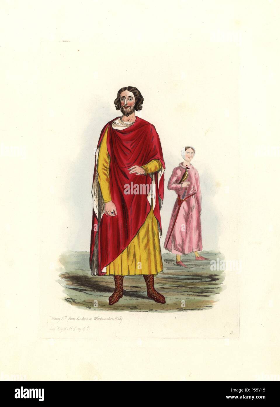 King Henry III from his tomb in Westminster Abbey and Royal Manuscript 19.C.J. In the background is a falconer with hooded falcon from Royal MS 19.C.I. Handcolored engraving from 'Civil Costume of England from the Conquest to the Present Period' drawn by Charles Martin and etched by Leopold Martin, London, Henry Bohn, 1842. The costumes were drawn from tapestries, monumental effigies, illuminated manuscripts and portraits. Charles and Leopold Martin were the sons of the romantic artist and mezzotint engraver John Martin (1789-1854). Stock Photo