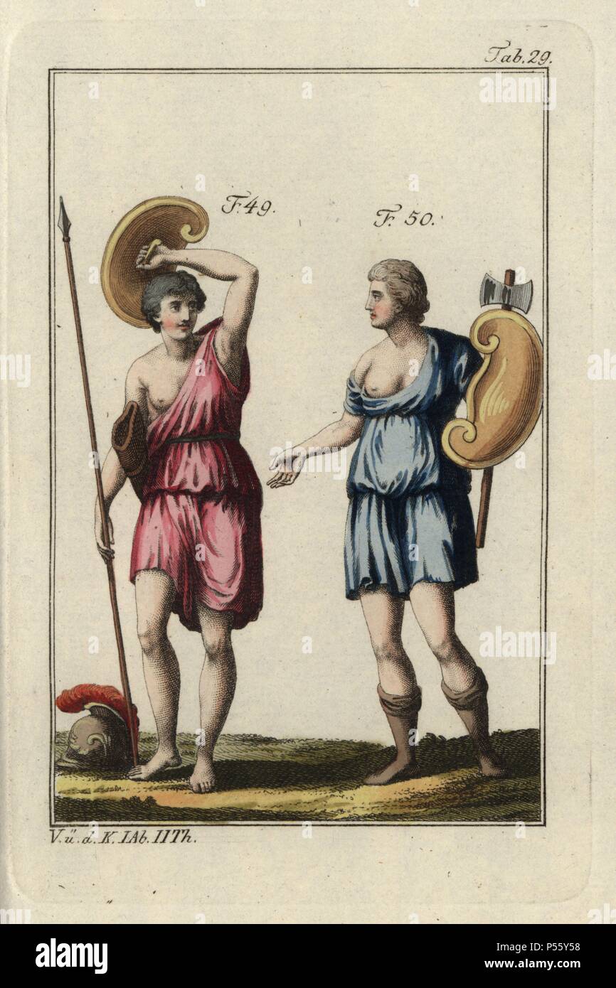 Two Amazon women warriors with lance, axe, shield and helmet. Handcolored  copperplate engraving from Robert von Spalart's "Historical Picture of the  Costumes of the Principal People of Antiquity and of the Middle