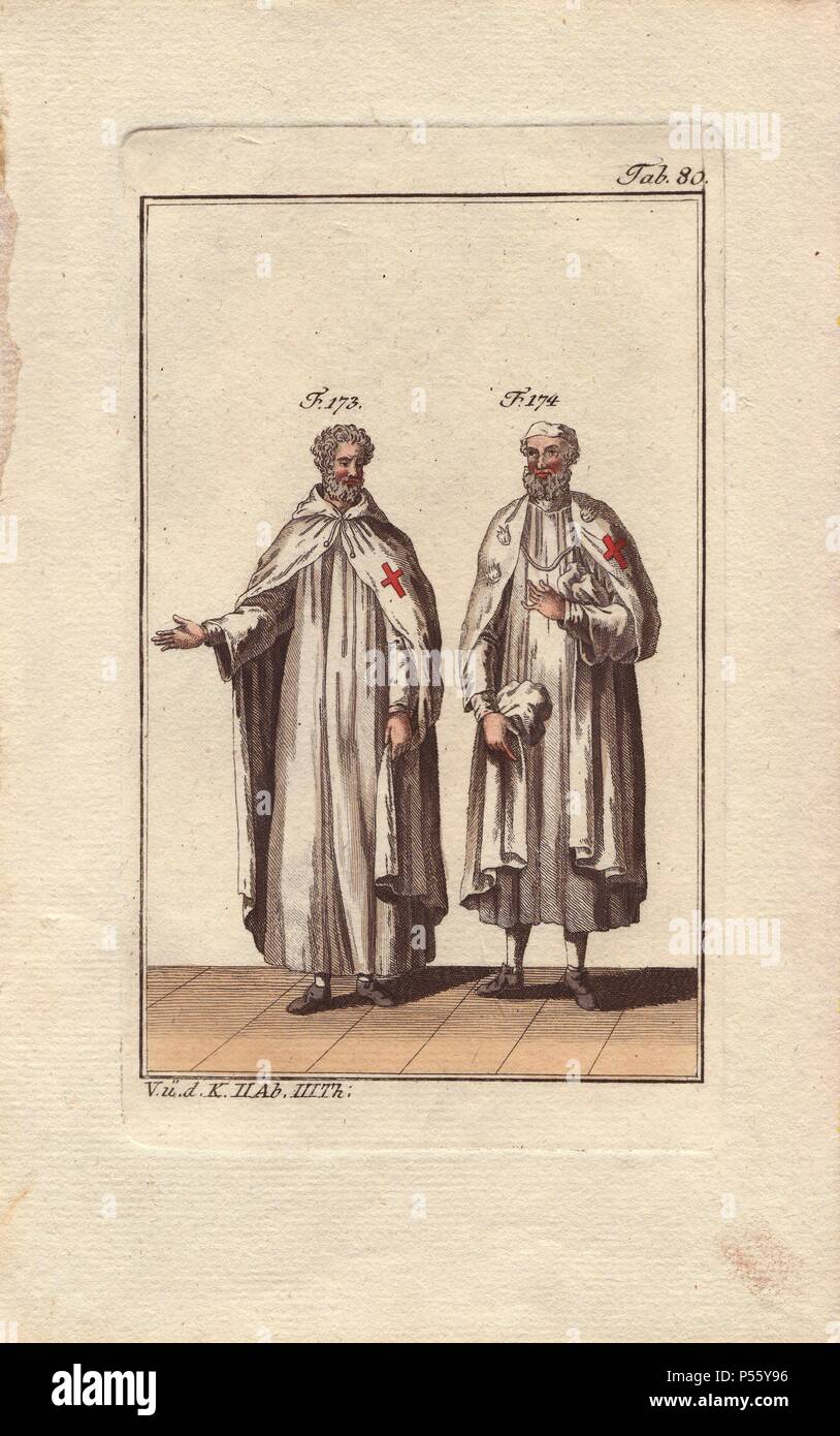 Two Knights Templar in house wear or monastery robes.. . The Order of the Knights Templar was a military order founded in 1118 by Hugues de Payens, a knight of Champagne, and eight other knights to protect pilgrims to the Holy Land. From humble beginnings as 'Poor Knights of the Temple,' they grew to become a powerful and rich army of warrior monks, with barracks/ monasteries all over Europe, and several castles in Palestine: Safed (1140), Karak (1143), and Castle Pilgrim (1217). The order came to a tragic end in 1312 when all the Templars were branded as heretics, tortured and executed.. . Ha Stock Photo