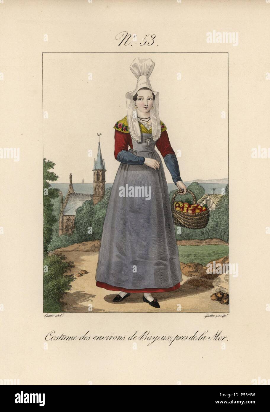 Costume Of The Bayeux Area Near The Sea The Bonnet Is Called A Dormeuse Or Sleeper Servants Often Wear False Sleeves In A Contrasting Colour The Red Rosettes On The Black Shoes