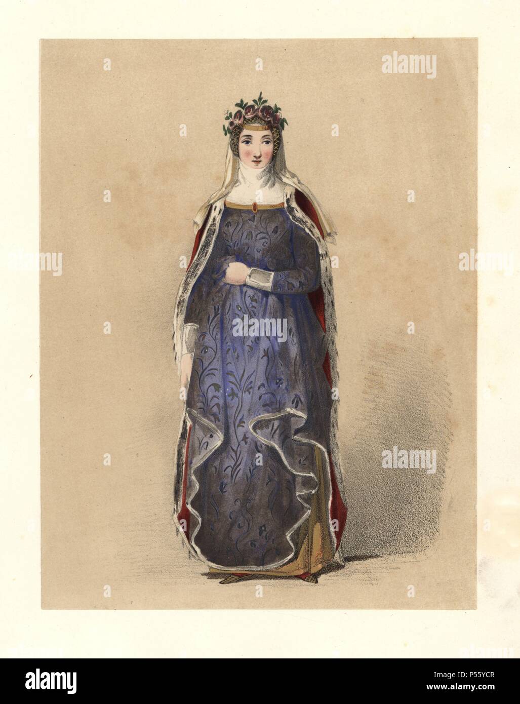 Dress of the reign of King Henry III, 12161272. She wear a crimson fur-lined mantle over a blue and white damask dress, crown of roses, veil and wimple. Based on an effigy of Aveline, Countess of Lancaster, in Westminster Abbey, 13th century romance “With damask white and Azure blue/Well diapered with lilies new.” Handcoloured lithograph from 'Costumes of British Ladies from the Time of William the First to the Reign of Queen Victoria,” London, Dickinson & Son, 1840. 48 mounted plates of women's fashion from 1066 to 1840 based on effigies, manuscripts, portraits, prints and literary descripti Stock Photo