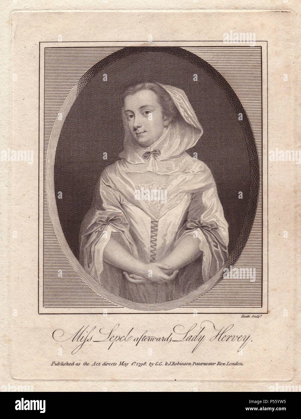 Miss Mary Lepel (1700-1768), maid of honour to the court of George I, a famous beauty and conversationalist, later Lady Hervey.. Copperplate portrait engraved by Heath, published in 1798. Stock Photo