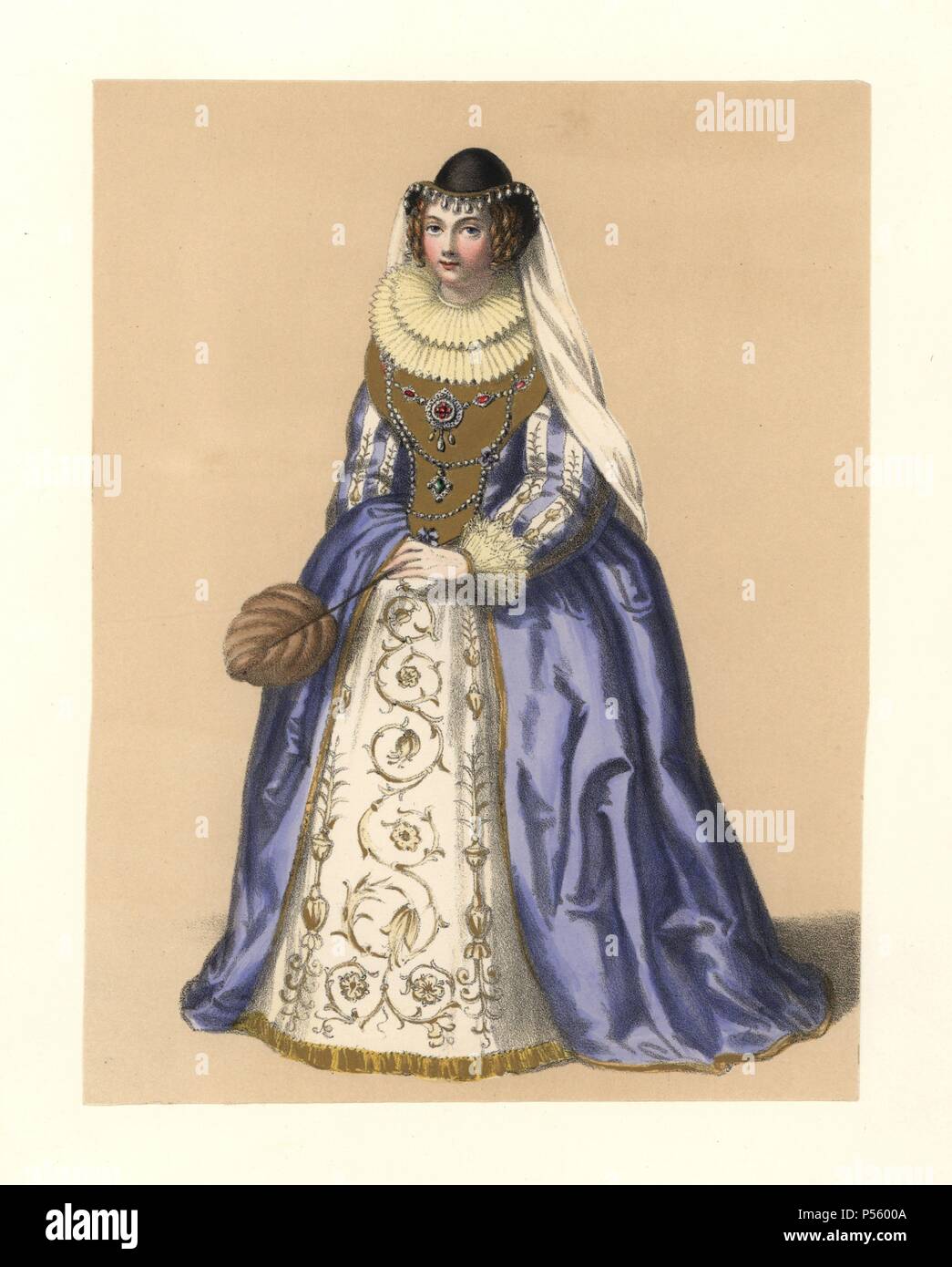Dress of the reign of James I, 16011625. She wears a dress with jeweled bodice, double lace ruff, puff sleeves, embroidered petticoat, hat with pearls and veil, and feather fan. Based on Lady Lucy Percy’s dress, portrait of Anne, Countess of Argyle, play published in 1607 “Lingua,” Bulwer’s pedigree of the English Gallant, brass of the Colepepper family, Argingly Church, Sussex. Handcoloured lithograph from 'Costumes of British Ladies from the Time of William the First to the Reign of Queen Victoria,” London, Dickinson & Son, 1840. 48 mounted plates of women's fashion from 1066 to 1840 based  Stock Photo