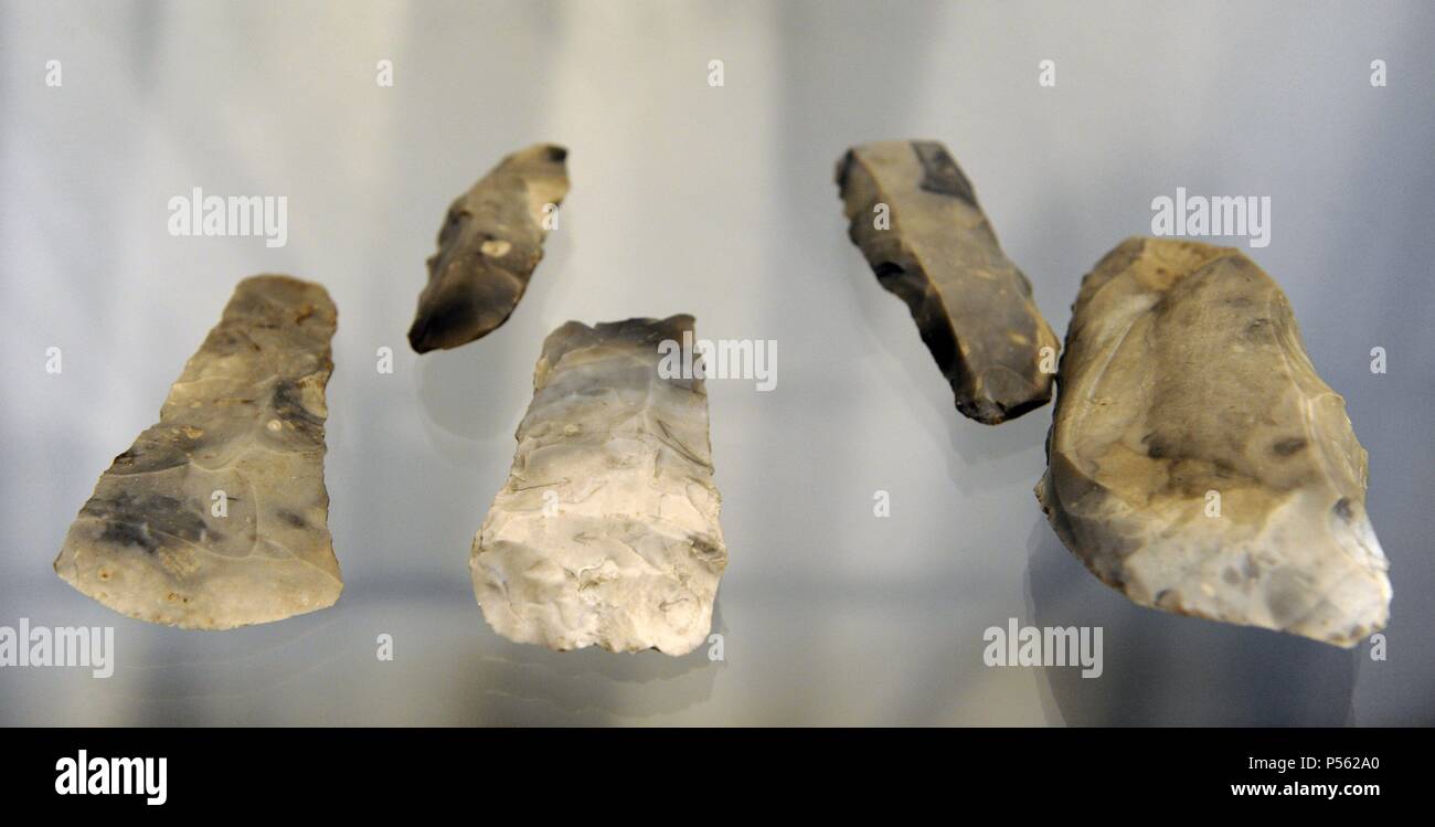 Flint handaxes. C. 8700 BC. Moose hunting. Skottemarke, Lolland. Maglemosian Culture, 9500-6500 BC. Mesolithic. National Museum of Denmark. Copenhagen. Denmark. Stock Photo