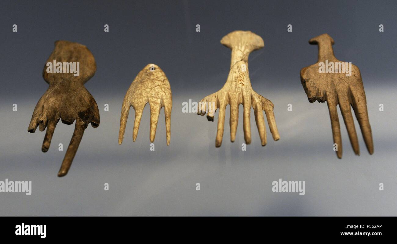 Bone combs from Ertebolle, Mejlgard and Brabrand in Jutland. 5000-4500 BC. National Museum of Denmark. Copenhagen. Denmark. Stock Photo