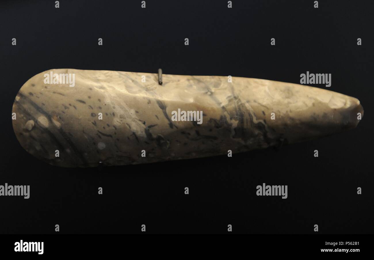 Flint axe of stone. Neolithic. From Denmark. National Museum of Denmark. Copenhagen. Denmark. Stock Photo