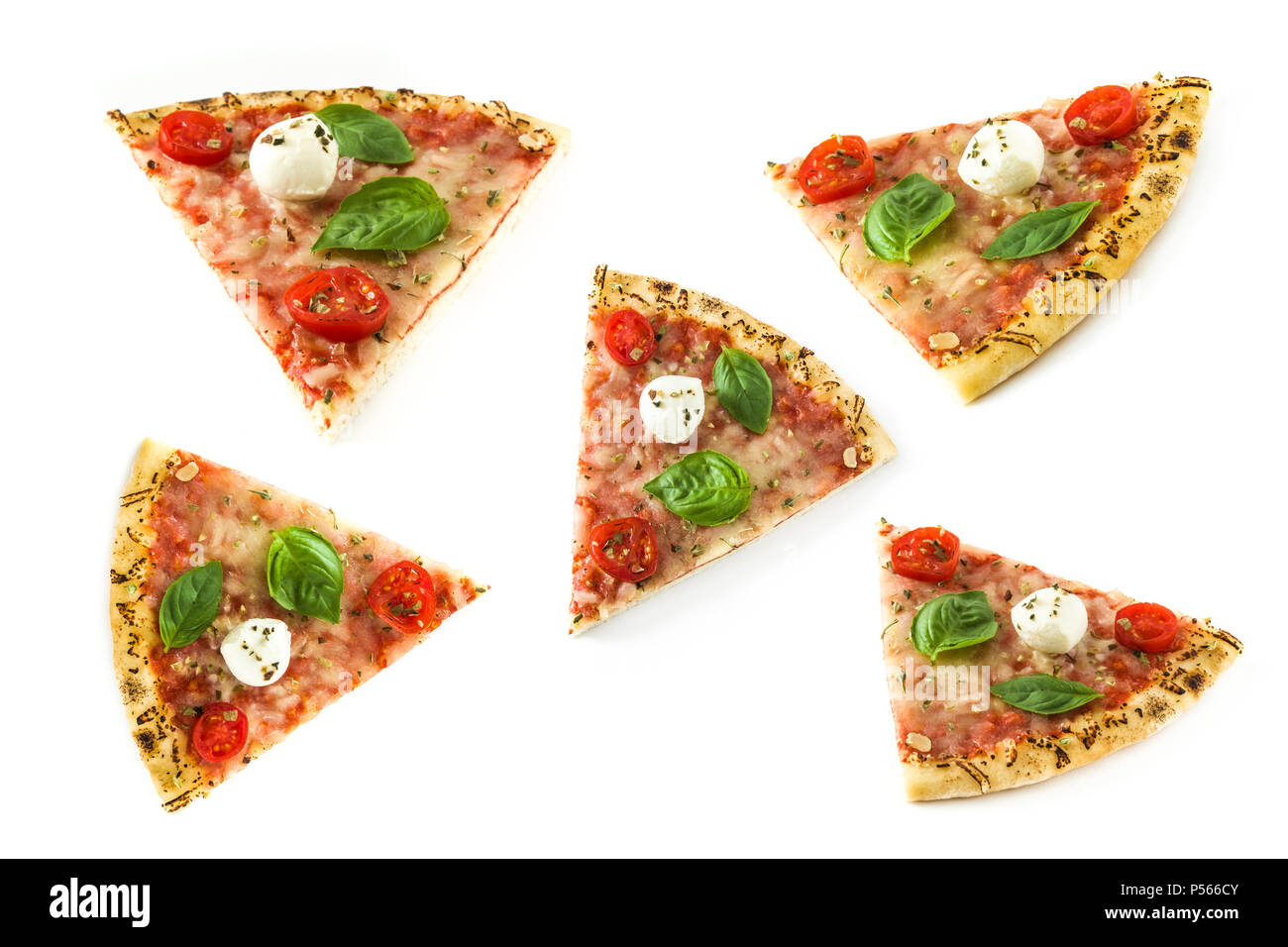 Different views italian pizza slice with tomatoes, cheese and basil isolated on white background Stock Photo