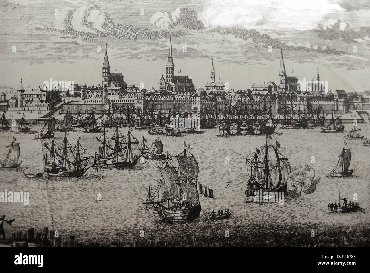 History. Modern Age. Latvia. Riga. Puerto. 17th century. Engraving. Museum of History and Navigation. Riga. Latvia. Stock Photo