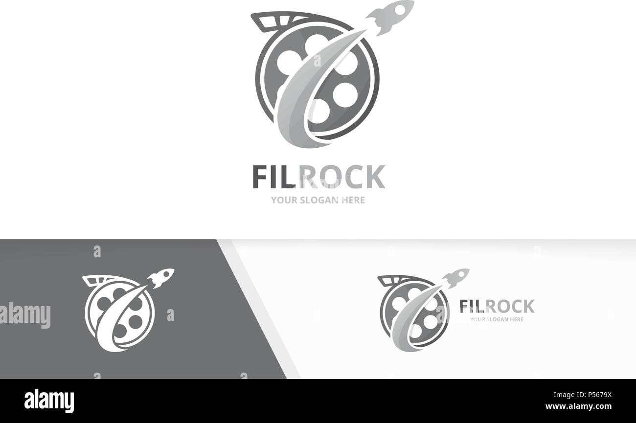 Vector movie and rocket logo combination. Cinema and airplane symbol or icon. Unique film and flight logotype design template. Stock Vector