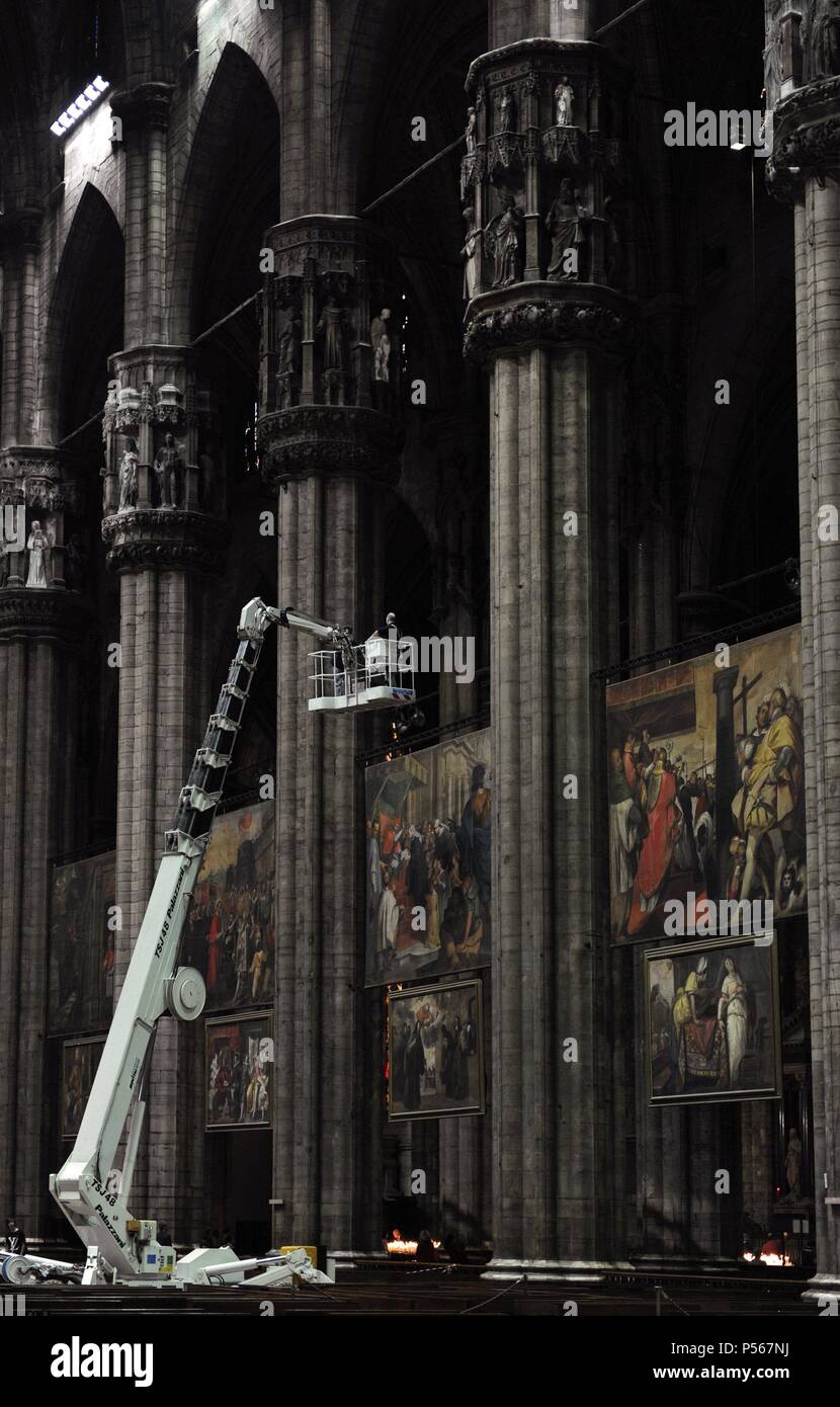 Restoration work. Cathedral of Milan. Inside. Stock Photo