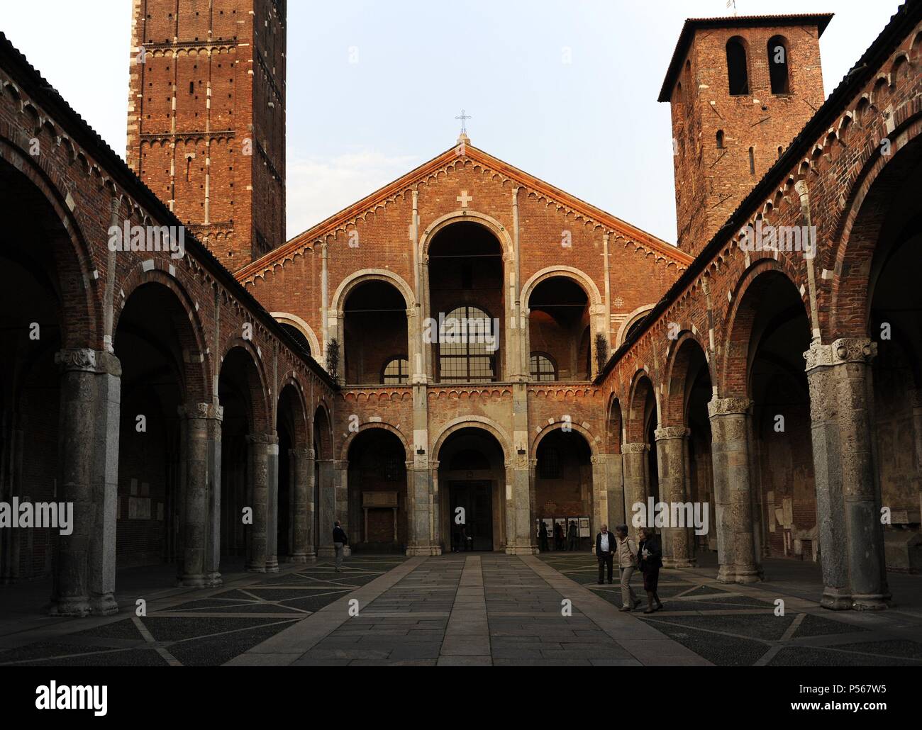 Italy. Milan. Basilica of St. Ambrose. Consagred in 379. The edifice underwent several restorations, assuming the current appearance in the 12 century, when it was rebuilt in the Romanesque style. Porch. Stock Photo