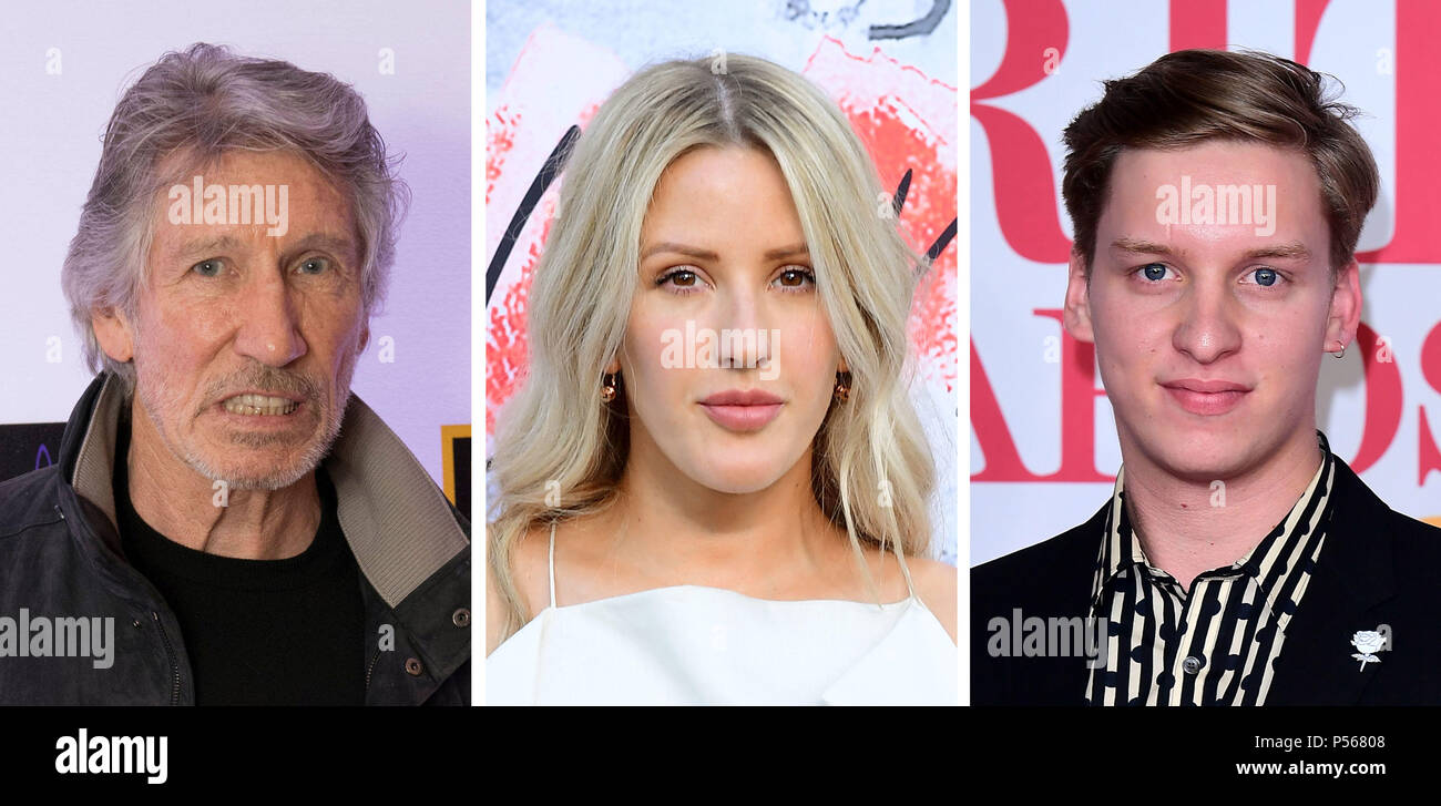 Embargoed to 0001 Tuesday June 26 Undated file composite photo of (left to right) Roger Waters, Ellie Goulding and George Ezra, who are among the winners of this year's O2 Silver Clef Awards. Stock Photo
