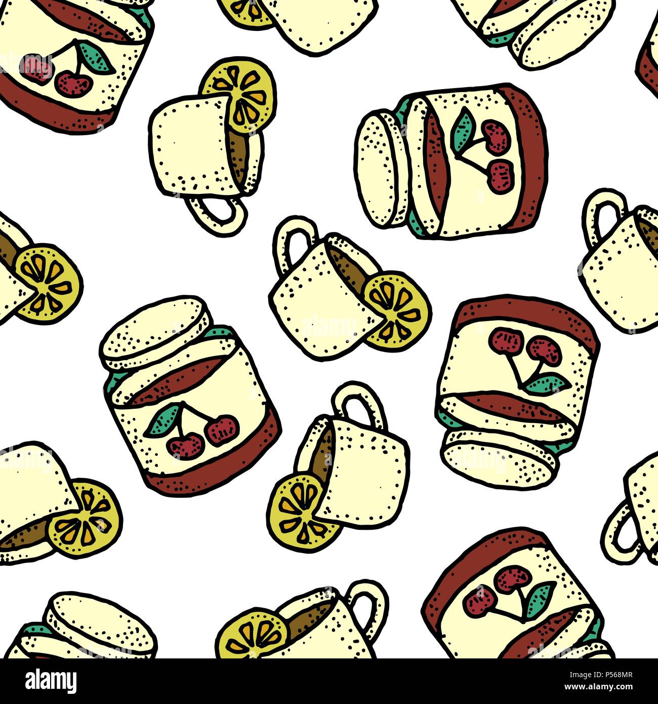 Seamless vector pattern with tea and cherry jam for craft, wrapping, textile, ceramic Stock Vector