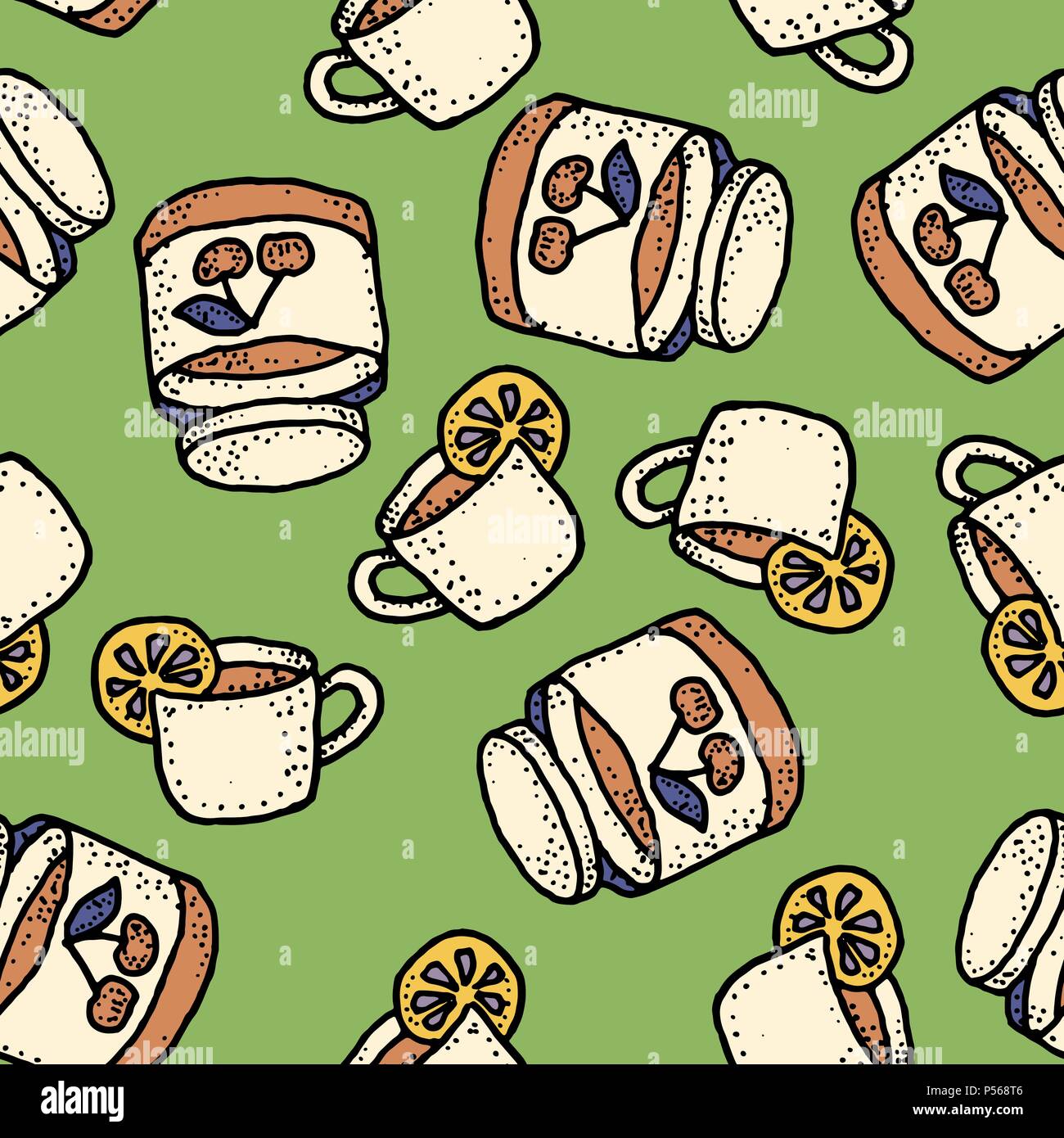 Seamless vector pattern with tea with lemon and cherry jam on green Stock Vector