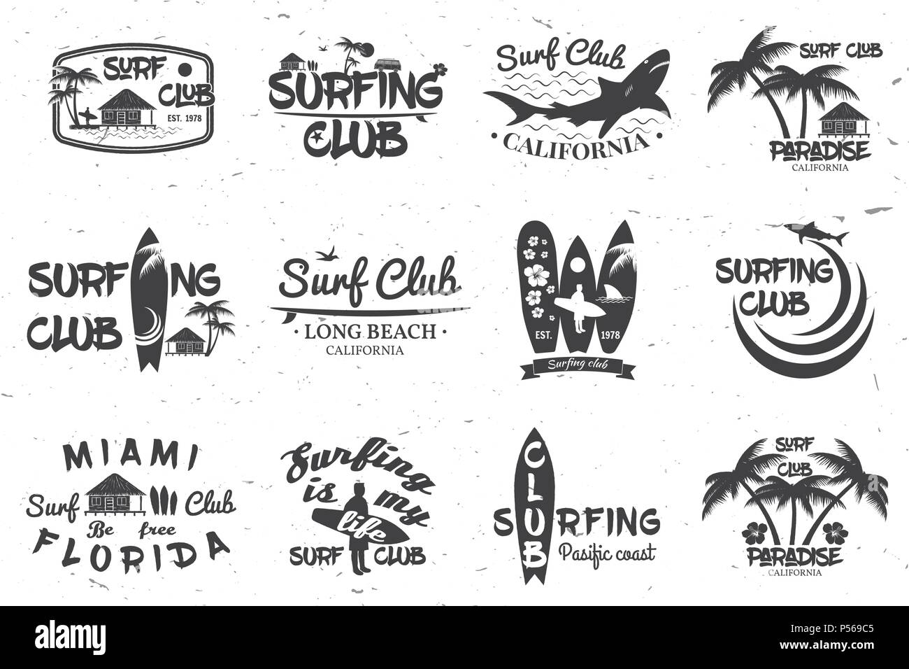 Set of retro vintage badges and labels. For web design, mobile and application interface, also useful for infographics. Surf club and surf school desi Stock Vector