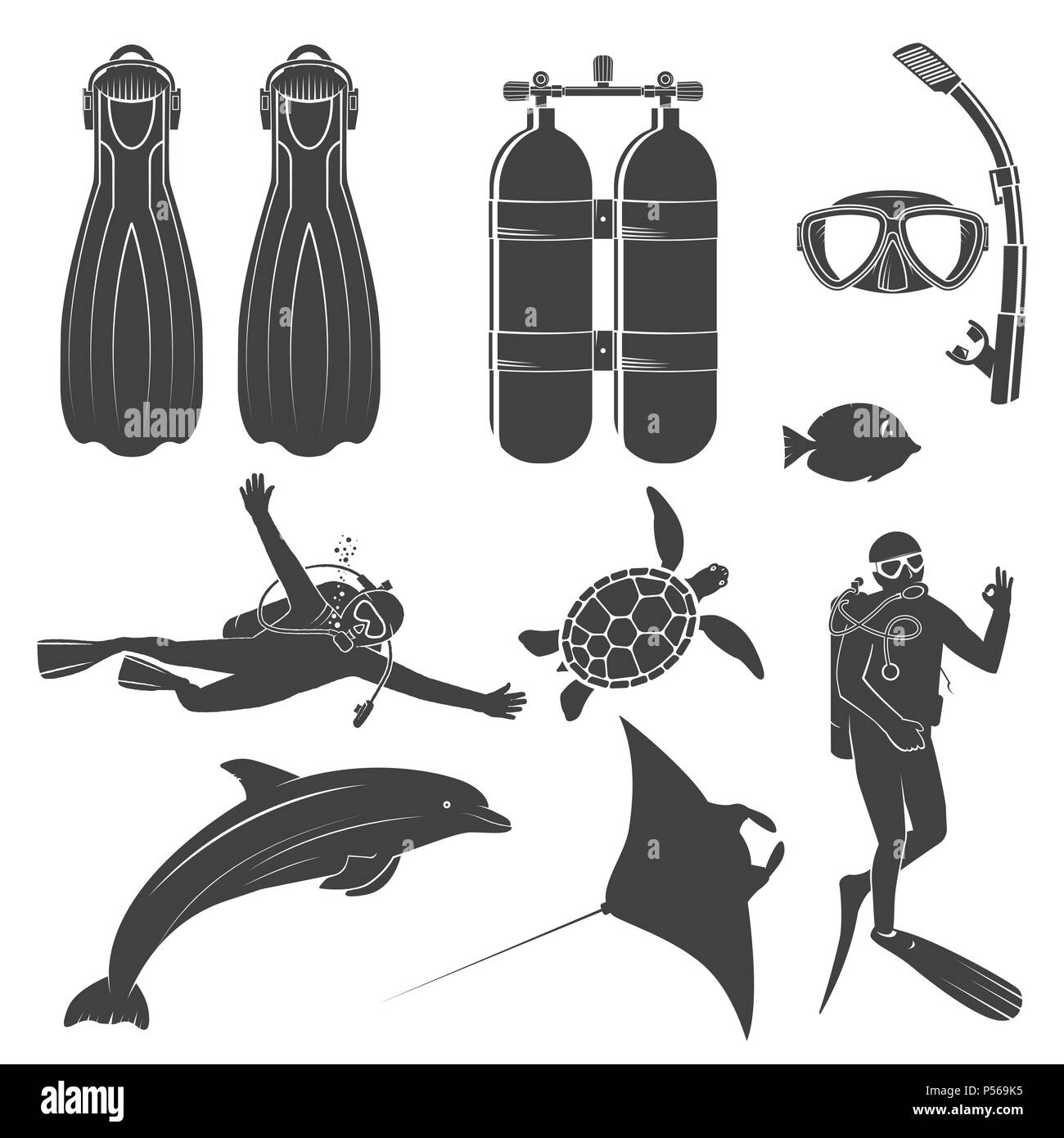 Scuba diving gear and divers. Vector illustration. Set include dive mask, snorkel, fins, divers and sea animals. Elements on the theme of the diving s Stock Vector