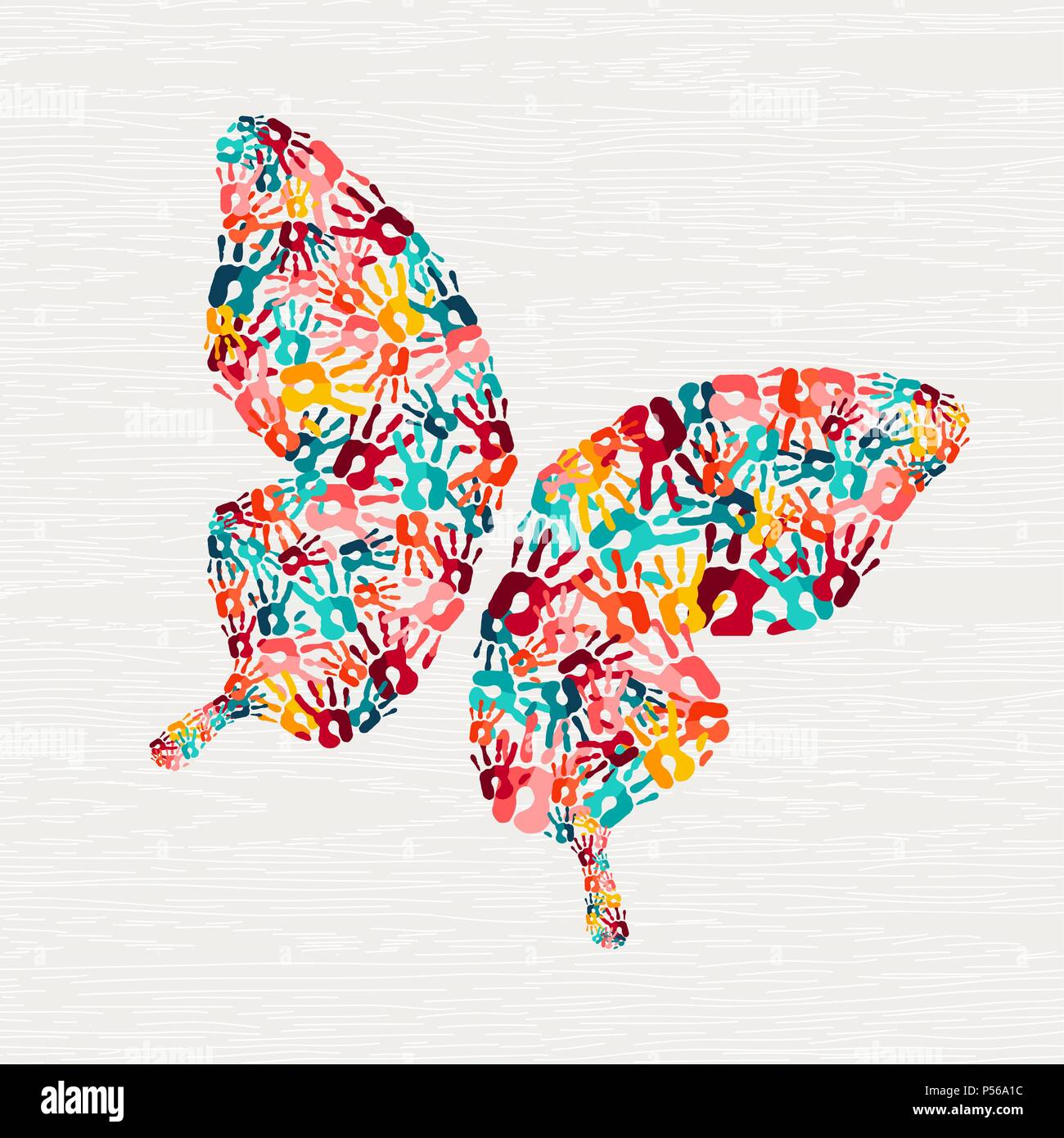 Human hand print butterfly shape concept. Colorful paint handprint background for diverse community or social project. EPS10 vector. Stock Vector