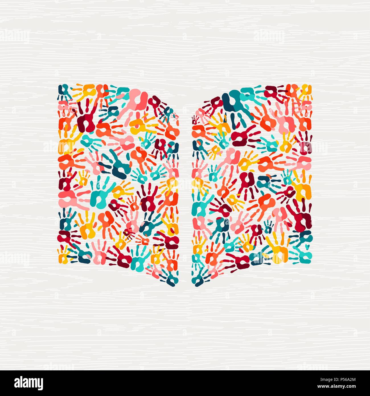 Human hand print book shape concept. Colorful paint handprint background for education or social project. EPS10 vector. Stock Vector