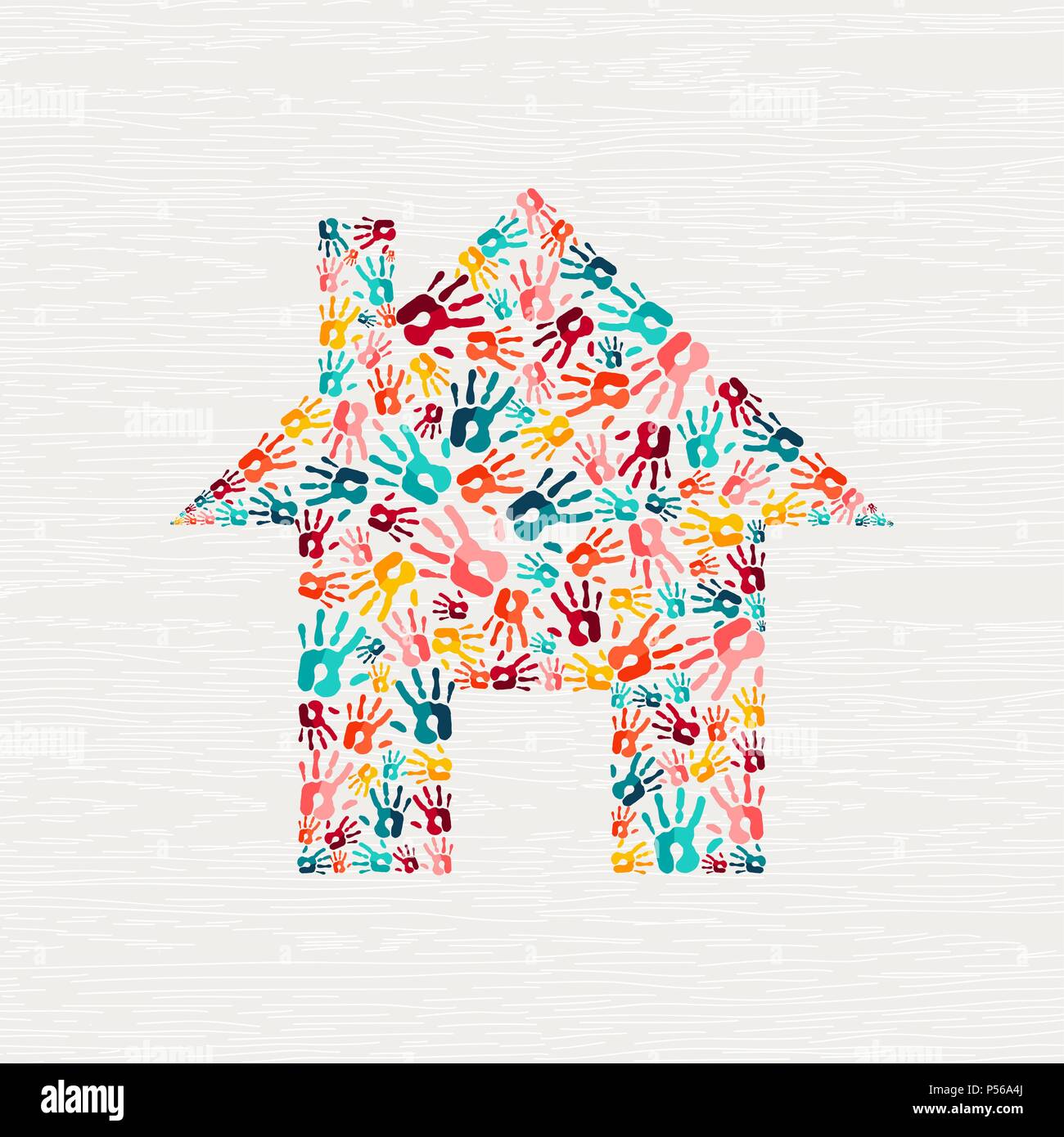 Human hand print house shape concept. Colorful paint handprint background for community home or social project. EPS10 vector. Stock Vector