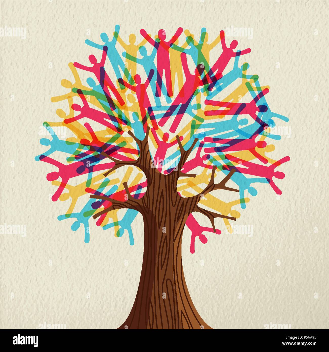 Tree symbol made of colorful people silhouettes. Concept illustration for community help, environment project or culture diversity. EPS10 vector. Stock Vector