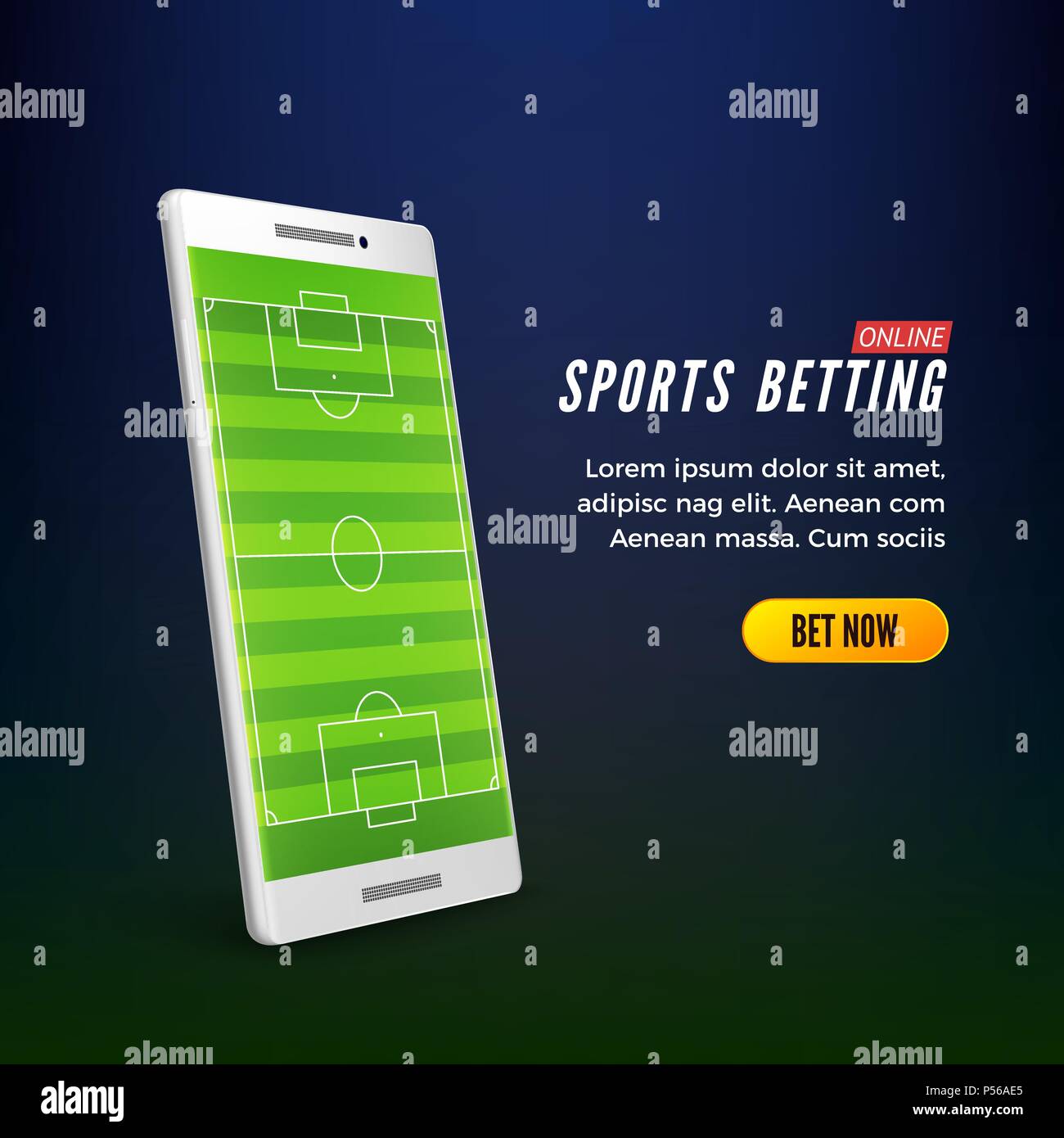 Sports betting online web banner template. smartphone with football field on screen. Vector illustration Stock Vector
