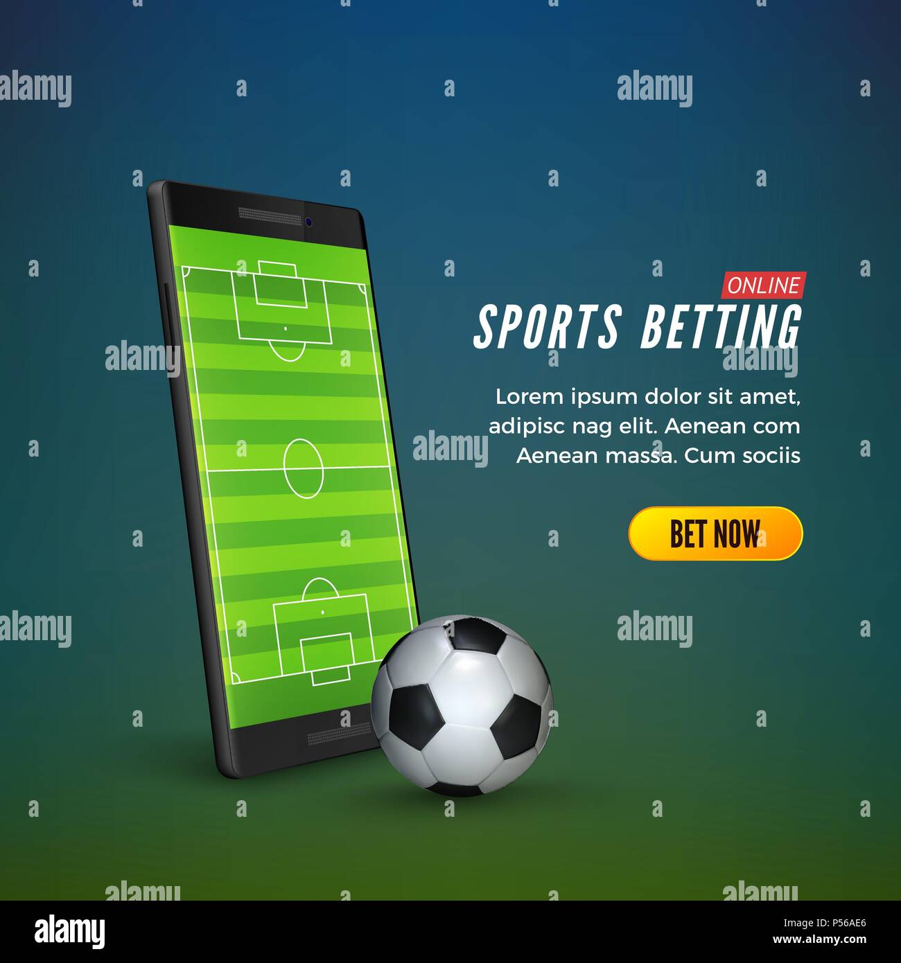 Sports betting online web banner template. smartphone with football field on screen and soccer ball. Vector illustration Stock Vector