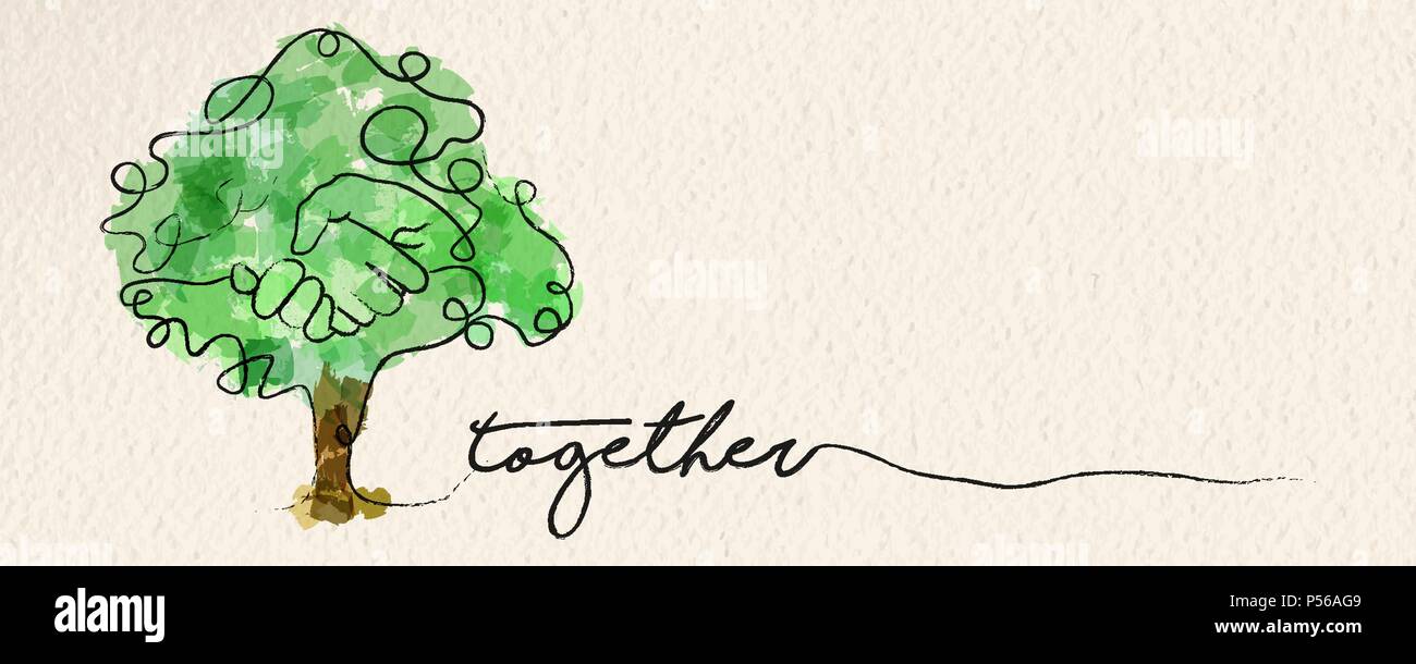 Togetherness concept web banner with watercolor continuous line illustration of hand inside a tree. EPS10 vector. Stock Vector