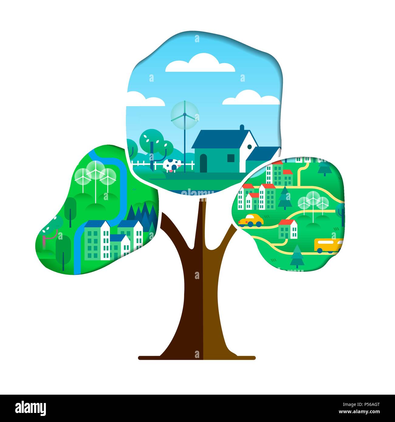 Tree with green city paper cutout  isolated over white. Environment care concept for nature help. Sustainable community includes wind mill turbine, el Stock Vector