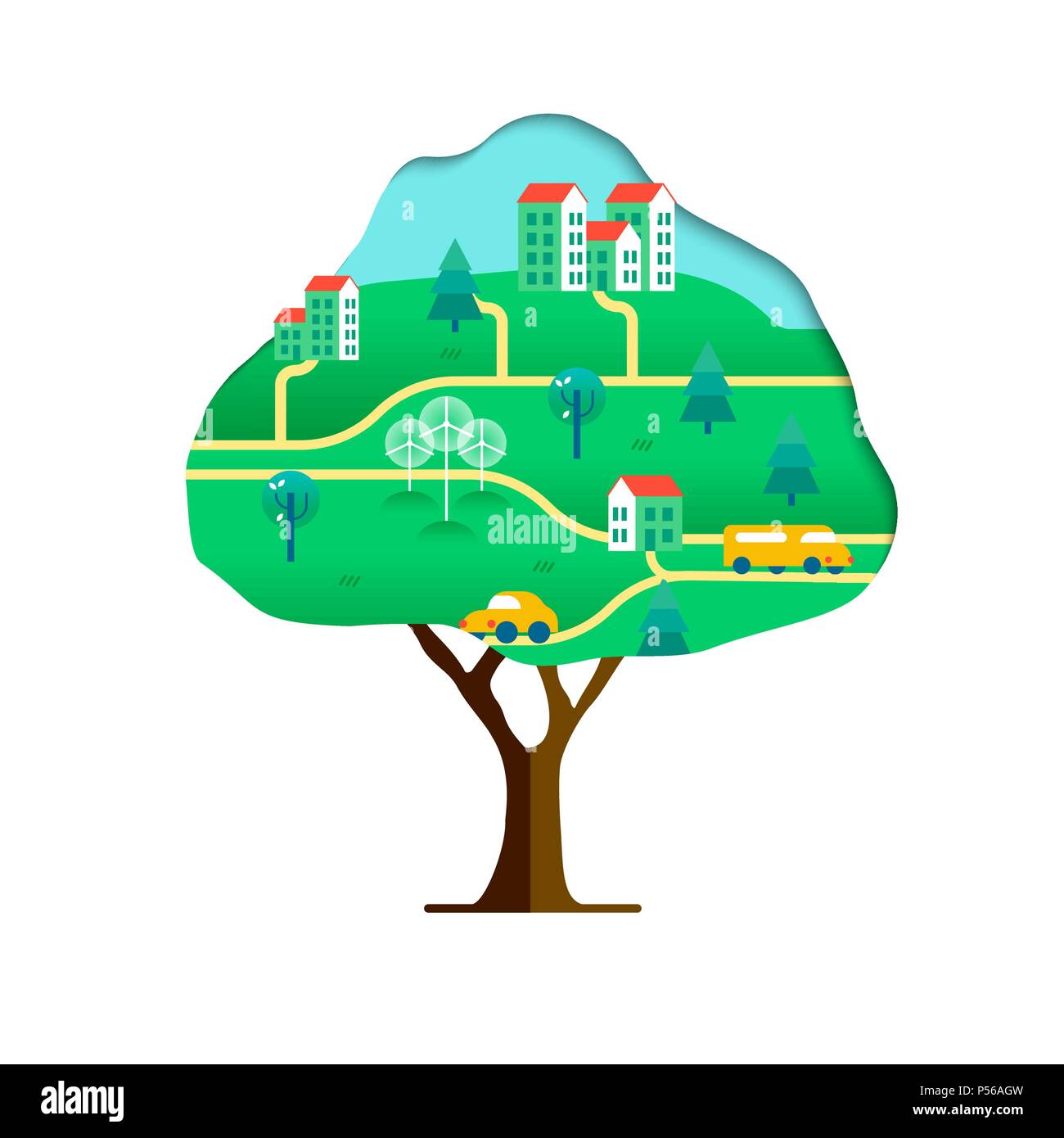 Tree with green city paper cutout isolated over white. Environment care concept for nature help. Sustainable community includes wind mill turbine, ele Stock Vector