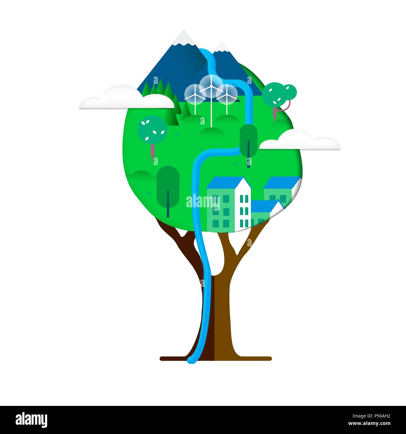 Green tree, planet earth in paper cutout style  isolated over white. Mountain river landscape and sustainable city with wind turbines. EPS10 vector. Stock Vector